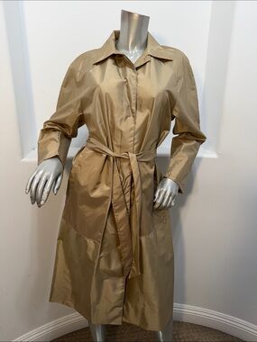 Vintage Aqua Sheen Classic Belted Lightweight Trench Coat  Tan Shiny Nylon Sz S